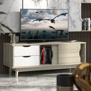 Costway Porta TV moderno con 2 cassetti porte scorrevoli fori per la gestione dei cavi, Mobile per TV 60 pollici Naturale
