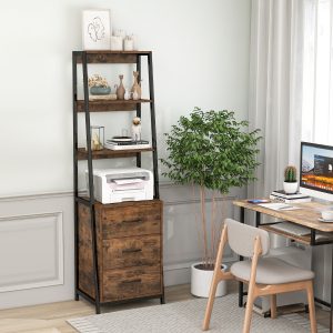 Costway Scaffale a scala con 4 ripiani aperti 3 cassetti per soggiorno ufficio, Organizzatore multifunzionale Marrone Rustico
