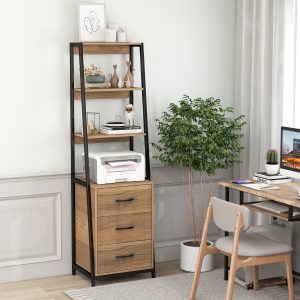 Costway Scaffale a scala con 4 ripiani aperti 3 cassetti per soggiorno ufficio, Organizzatore multifunzionale Naturale