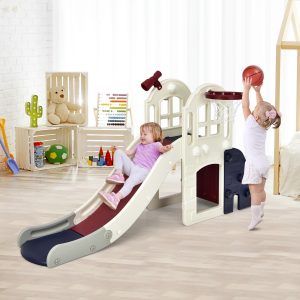 Costway Scivolo grande per bambini 6 in 1 con canestro palla lancio dell'anello e cannocchiale, Set da gioco Blu