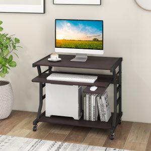 Costway Scrivania con ruote e ripiano estraibile per tastiera, Tavolino per computer da ufficio 75x50x75cm Marrone scuro