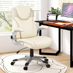 Costway Sedia da ufficio direzionale con funzione dondolo e altezza regolabile, Sedia da scrivania in ecopelle girevole Beige