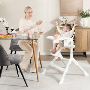 Costway Seggiolone convertibile per bambini con altezza regolabile vassoio lavabile, Seggiolone in alluminio Beige