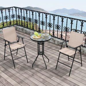 Costway Set bistrot da esterno 3 pezzi, Tavolo bar con 2 sedie pieghevoli piano in vetro temperato foro per ombrellone Beige