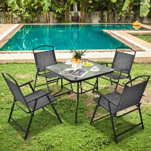 Costway Set da pranzo per giardino per 4 persone, Set di sedie pieghevoli e tavolo da pranzo con foro ombrellone Grigio