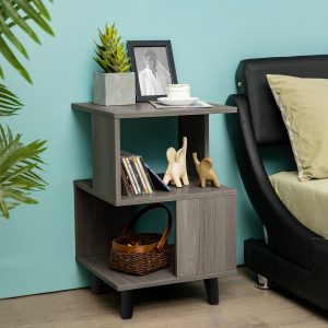 Costway Set di 2 comodini a 2 piani con gambe alte 10 cm, Tavolini salvaspazio asimmetrici moderni da soggiorno Grigio
