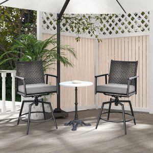 Costway Set di 2 sgabelli da bar girevoli a 360°, Sedie alte con telaio in metallo schienale in rattan PE a 2 strati Nero