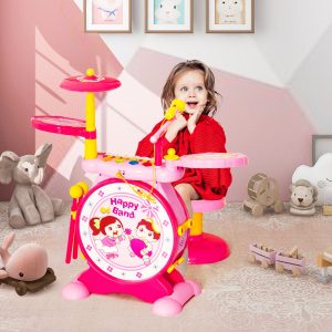 Costway Set di batteria per DJ con tastiera 2 in 1, Strumento elettrico per bambini con sgabello microfono MP3 Rosa
