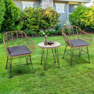 Costway Set di tavolo rotondo in vetro e 2 poltrone in rattan, Mobili da esterno in vimini 3 pezzi con cuscini Grigio