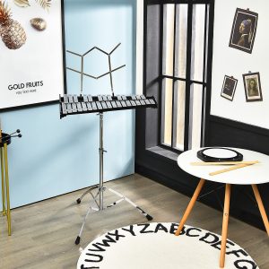 Costway Set glockenspiel a 32 note con supporto regolabile leggio musicale pad per allenamento, Metallofono pieghevole