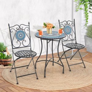 Costway Set Mobili da giardino con mosaico da 3 pezzi, Tavolo rotondo e 2 sedie pieghevoli con struttura in metallo