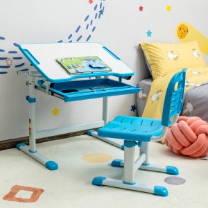 Costway Set scrivania e sedia per bambini con altezza regolabile e cassetto, Set tavolo con superficie inclinabile Blu