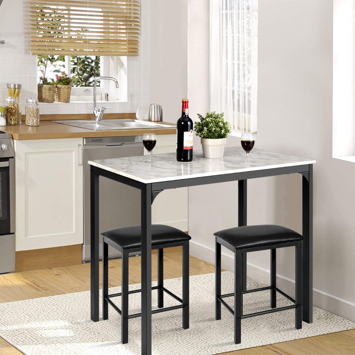 Costway Set tavolo con 2 sgabelli senza schienale in similpelle, Set di mobili da 3 pezzi per sala da pranzo Bianco