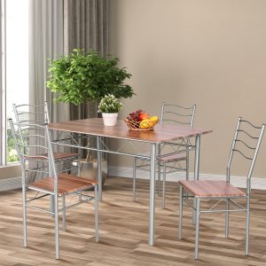 Costway Set tavolo da pranzo con 4 sedie con schienale alto, Mobili da cucina con tavolo da banco rettangolare Argento