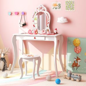Costway Set tavolo da toeletta per bambini con sgabello, Set da gioco principessa con tavolo da trucco e specchio Bianco