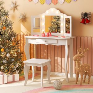 Costway Set tavolo da trucco per bambini con sgabello, Set tavolo vanity principessa con specchio a tre pieghe in vetro Bianco