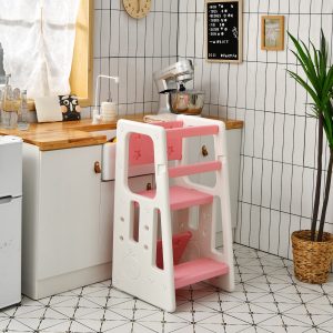 Costway Sgabello scaletta con 3 altezze regolabili e cuscinetti antiscivolo, Torre di apprendimento per bambini Rosa