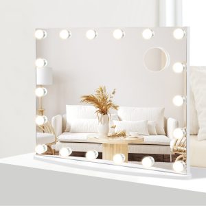 Costway Specchio da trucco con 18 luci Led, Specchio da trucco grande su tavolo 65x14x52,5cm