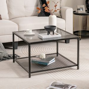 Costway Tavolino da caffè in vetro da 70cm con ripiano a griglia, Tavolino moderno quadrato a 2 piani per soggiorno Grigio