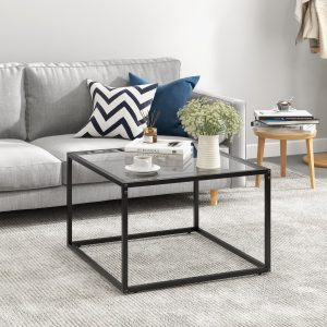Costway Tavolino da caffè minimalista in vetro da 70cm, Tavolino moderno quadrato con struttura in metallo Trasparente