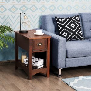 Costway Set 2 tavolino da divano con 1 cassetto e 1 ripiano, Comodini rettangolari in legno massello da soggiorno Noce