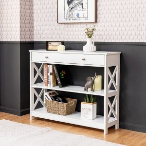 Costway Tavolo da ingresso per salone e corridoio con 1 cassetto e 2 mensole, Tavolino da parete con 3 livelli Bianco