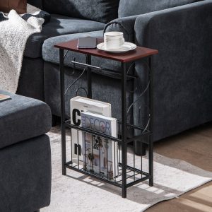 Costway Tavolino stretto da bagno con porta carta igienica, Tavolino con cesto portaoggetti  struttura in acciaio Marrone