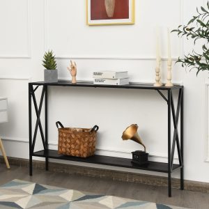Costway Tavolo consolle a 2 livelli con design di X, Tavolo moderno da ingresso lungo indipendente Marrone