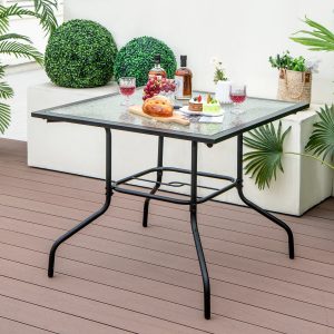 Costway Tavolo da pranzo per giardino con foro per ombrellone da 38mm piano in vetro temperato, Tavolo quadrato da esterno