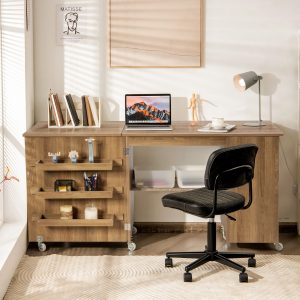 Costway Tavolo pieghevole da cucito con ruote bloccabili, Tavolo versatile a ribalta per computer con mensole Marrone