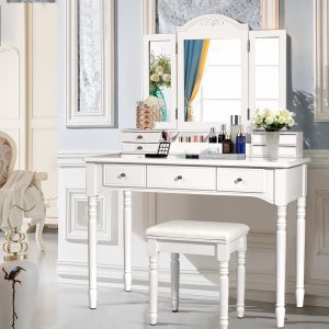 Costway Toeletta da trucco con specchio triplo rimovibile con 8 ganci per collane, Tavolo da trucco con sgabello Bianco