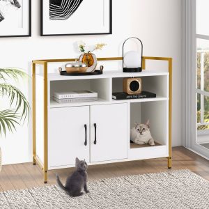Costway Toilette nascosta per gatti con doppie porte e cartone per graffi, Contenitore per lettiera per gatti Bianco
