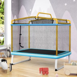 Costway Trampolino per bambini con rete di protezione altalena barra orizzontale, Trampolino da esterno 190x124x172cm Giallo