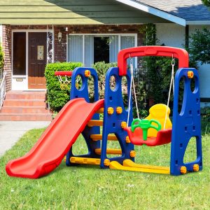Costway Set 3 in 1 con muro per arrampicata per bambini, Altalena scivolo e canestro da basket