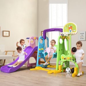 Costway Set 6 in 1 scivolo canestro da basket, Set con altalena e muro per arrampicata