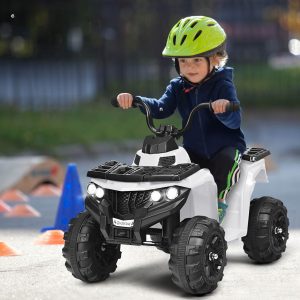 Costway Quad ATV cavalcabile con fari e musica per bambini, Giocattolo elettrico con batteria 6 V e AUX Bianco