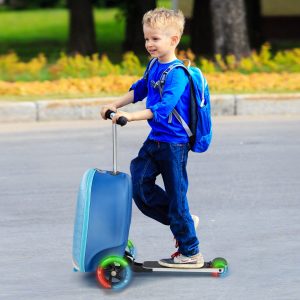 Costway Valigia monopattino pieghevole per bambini con ruote LED, Valigia da trasporto con motivo a fumetti Bianco e blu