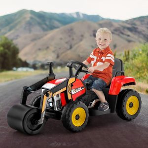Costway Veicolo da costruzione elettrico per bambini con telecomando 2.4G, Trattore giocattolo con rullo stradale Rosso