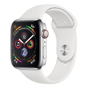 Apple watch serie 4 gps + cellular, cassa 44 mm in acciaio inossidabile e cinturino sport bianco