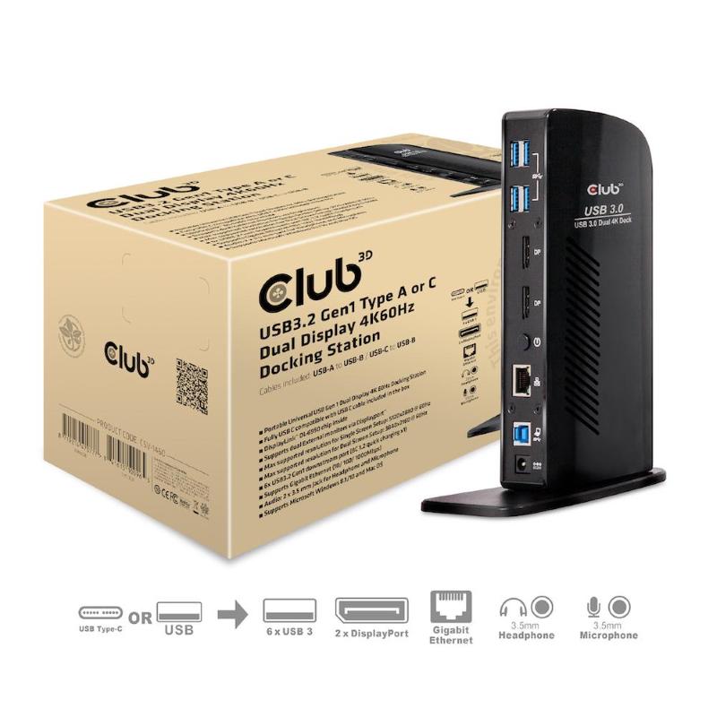 Club3d docking station input usb 3.0 b male dc 5v fem output displayport usb a 3.0 gigabit ethernet port 3.5mm audio jack 2.1 3.5mm mic jack