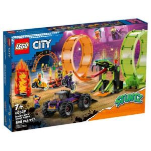 Lego city stuntz arena delle acrobazie, monster truck, moto giocattolo carica e vai con minifigure