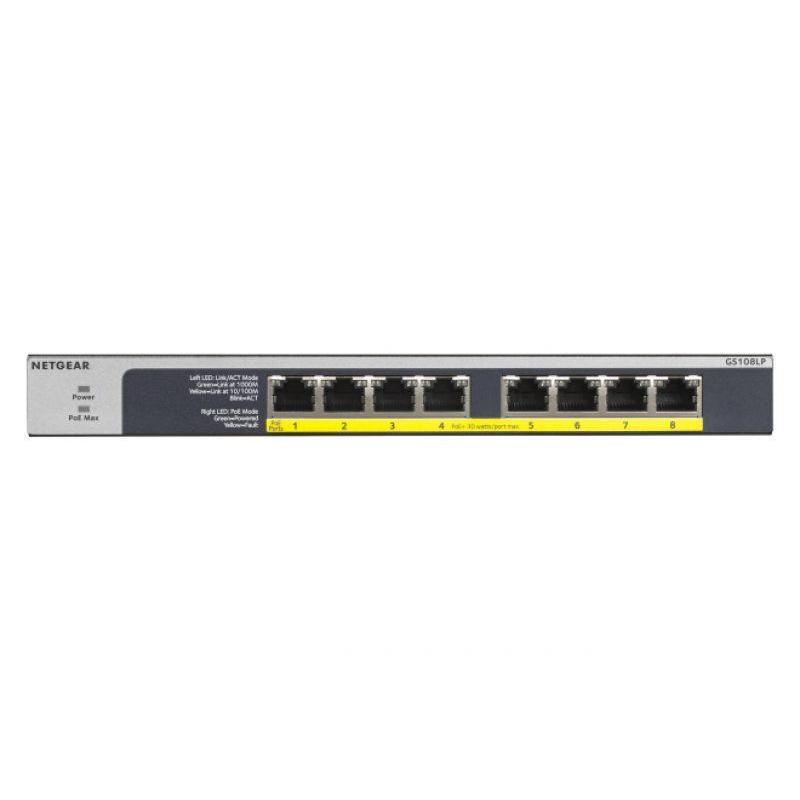 Netgear gs108lp switch 8 porte non gestito gigabit ethernet (10/100/1000) nero, grigio 1u supporto power over ethernet (poe)