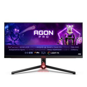 Aoc agon pro ag344uxm - monitor gaming da 34 pollici wqhd, 170 hz, 1 ms, g-sync, freesync premium, hdr1000 (3440x1440, hdmi 2.1, displayport, usb-c, usb hub) nero