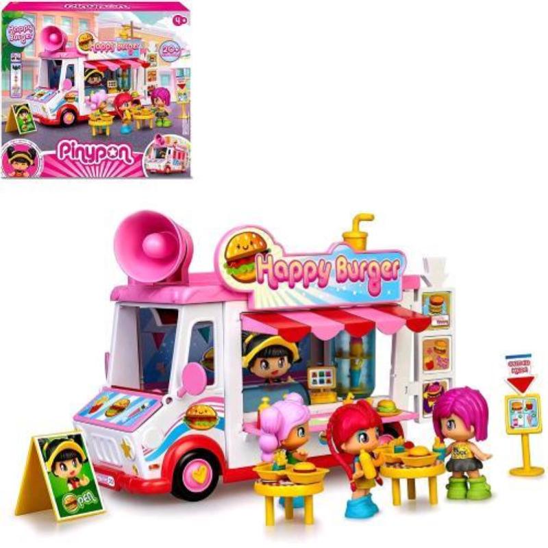 Famosa pinypon happy burger playset ristorante e veicolo con 1 bambola e accessori