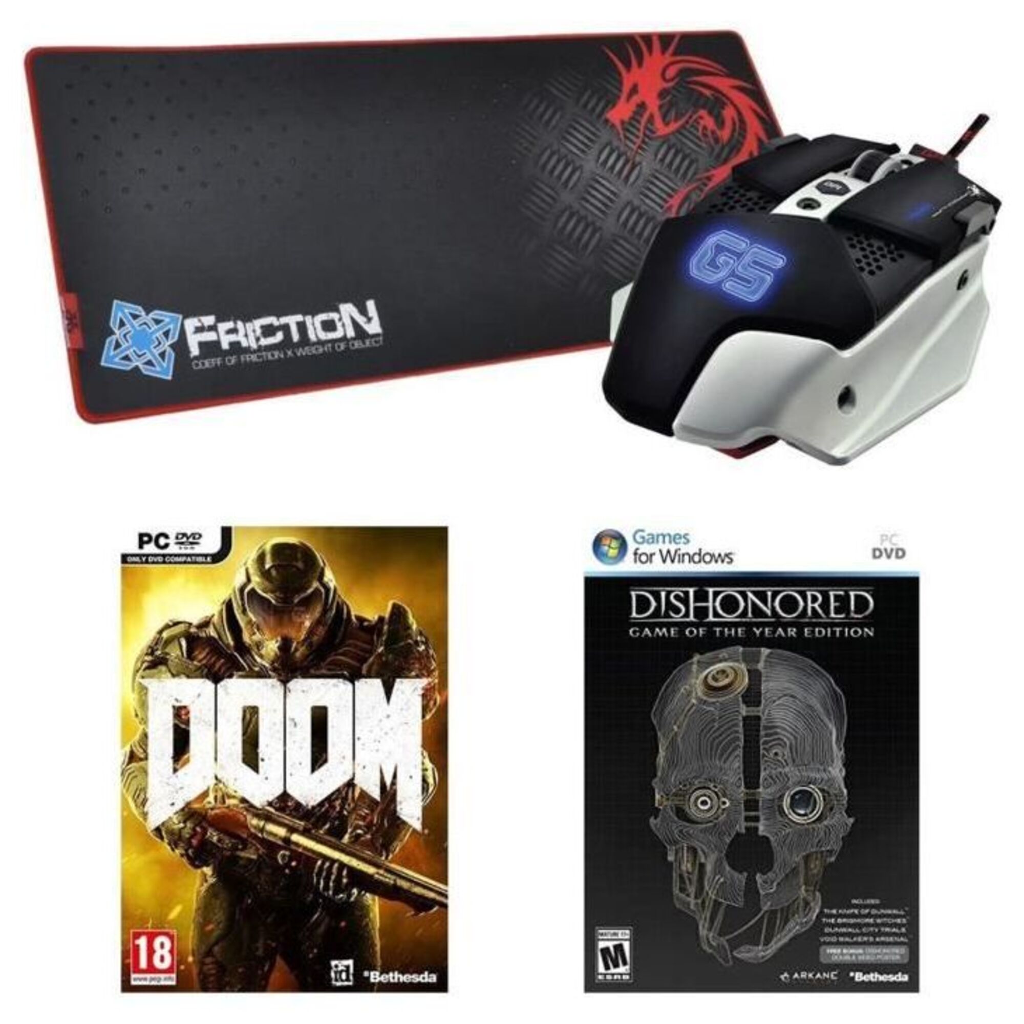 Pacchetto DRAGON WAR: Mouse Warlord + Tappetino per mouse Speed Edition + Gioco per PC Doom + Gioco per PC Dishonored GOTY - nuovo