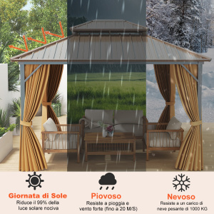 Costway Gazebo hardtop 354×294 cm con zanzariera tende, Tetto in metallo zincato a doppio strato Caffè