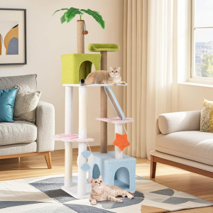 Costway Albero per gatti alto torre a più livelli a tema spiaggia per gatti, Albero per gatti alto 180 cm Verde+Blu+Bianco