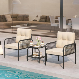 Costway Set di mobili in rattan con tavolo in vetro temperato per esterni per veranda, Set bistro da Patio 3 pezzi Nero+ Beige