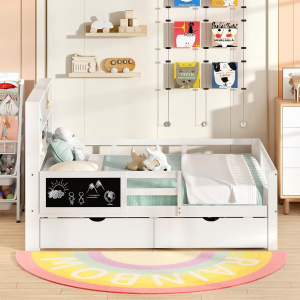 Costway Letto matrimoniale con 2 cassetti, Legno per bambini con libreria e lavagna Bianco