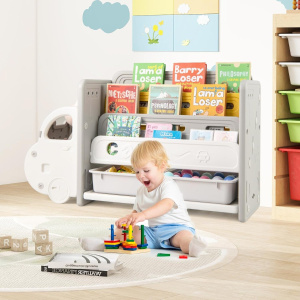 Costway Scaffale per giocattoli e libri per bambini, Libreria a tema auto con 3 ripiani 2 scatole e ruote decorative Beige e Grigio